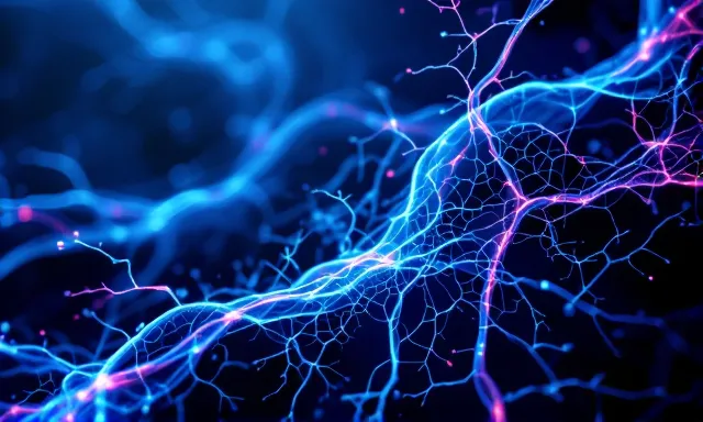 BPC-157 research illustration — abstract tissue-repair and angiogenesis motifs in arctic blue